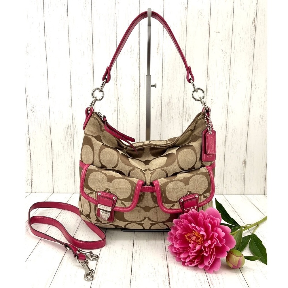 Coach‎ Signature Khaki Pink Pocket Hobo M1282-F23392 Crossbody/Shoulder Bag